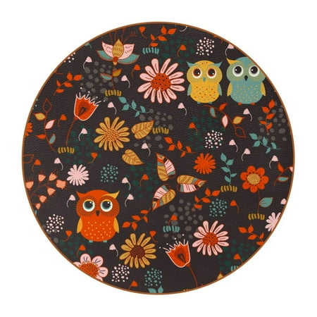 

OWNTA Cute Cartoon Animal Forest Owls Floral Pattern Premium Microfiber Leather Round Coasters (6PCS) - 11x11 cm/4.3x4.3 in - Durable & Stylish Cup Mat Set