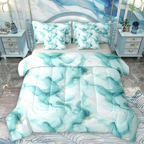 Homewish Aqua Purple Marbling Twin Bedding Sets 7-Piece for Women, Chic Abstract Ombre Bedding Comforter Set, Fashion Artwork Style Reversible Sheet Sets, Lightweight Room Decor