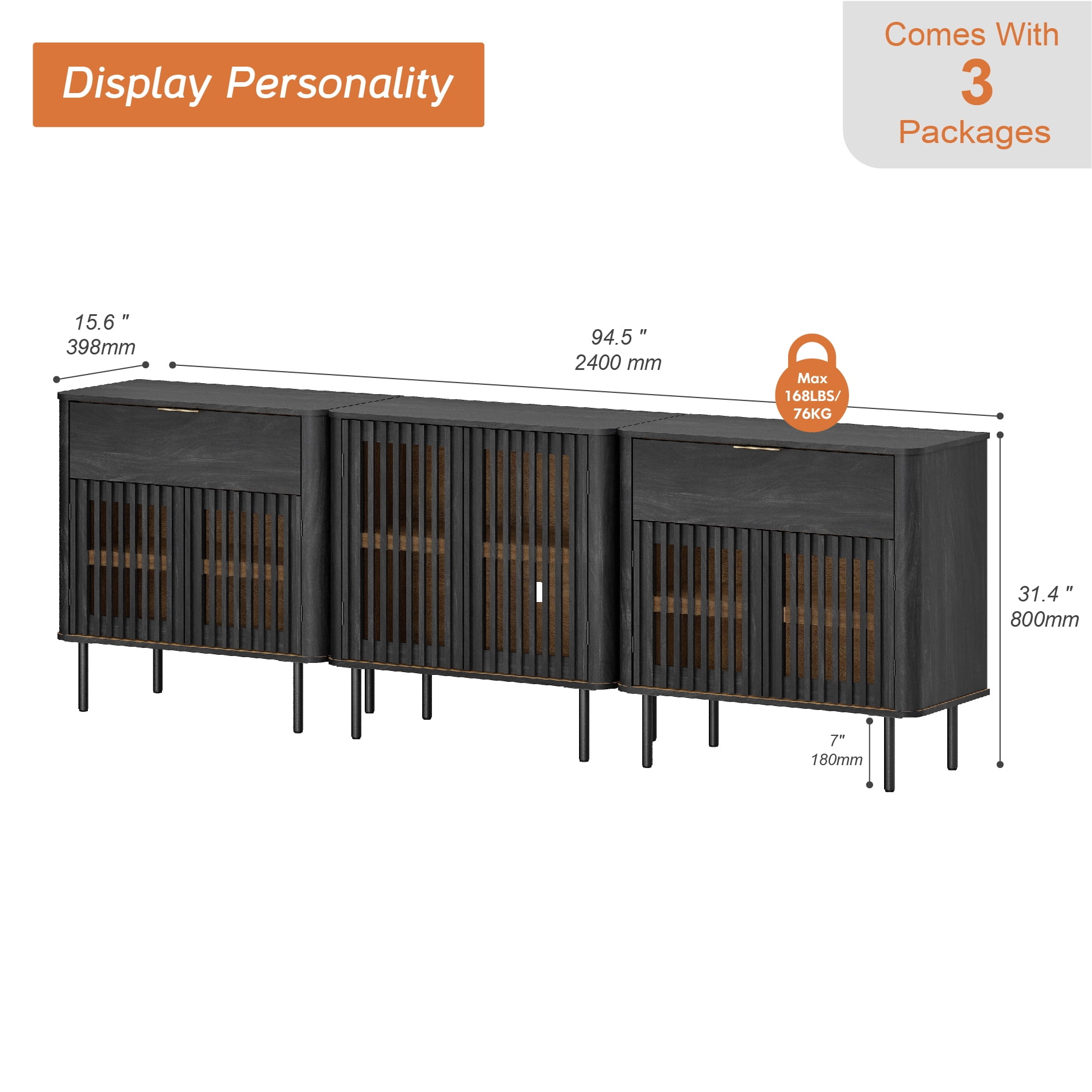 94.5 Inch Large Fluted Buffet Cabinet Sideboard with Storage,Wood Modern Accent Coffee Bar Console Table, Black