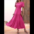 thumbnail image 4 of Vestido Bohemio Floral Fluido de Verano para Mujer, Informal, con Mangas y Volantes, Cuello Redondo, Cintura Fruncida y Rosa Roja M, 4 of 9