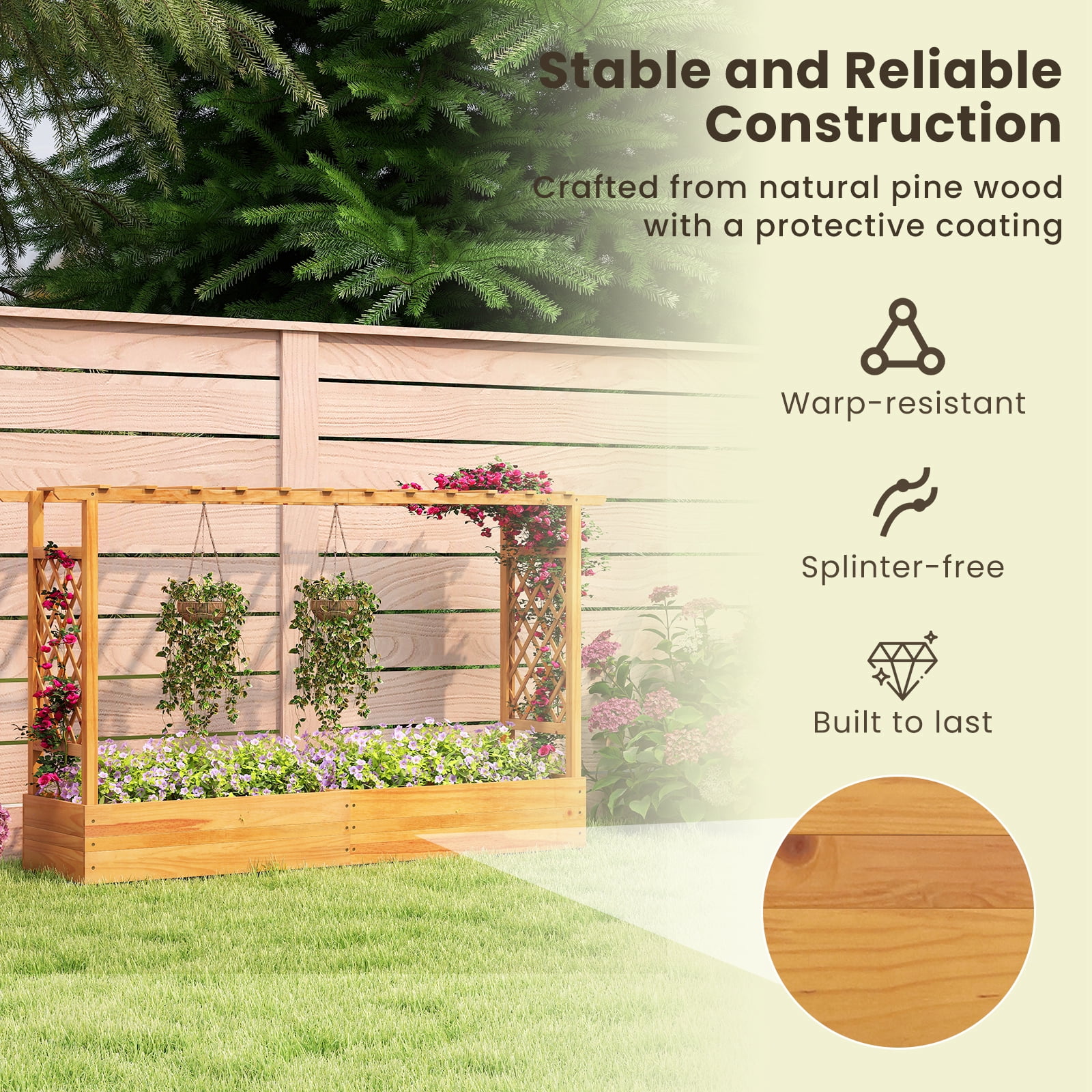 Costway 1 PCS 45” Raised Garden Bed with Trellis with Hanging Roof, 2 Side Trellises for Flower