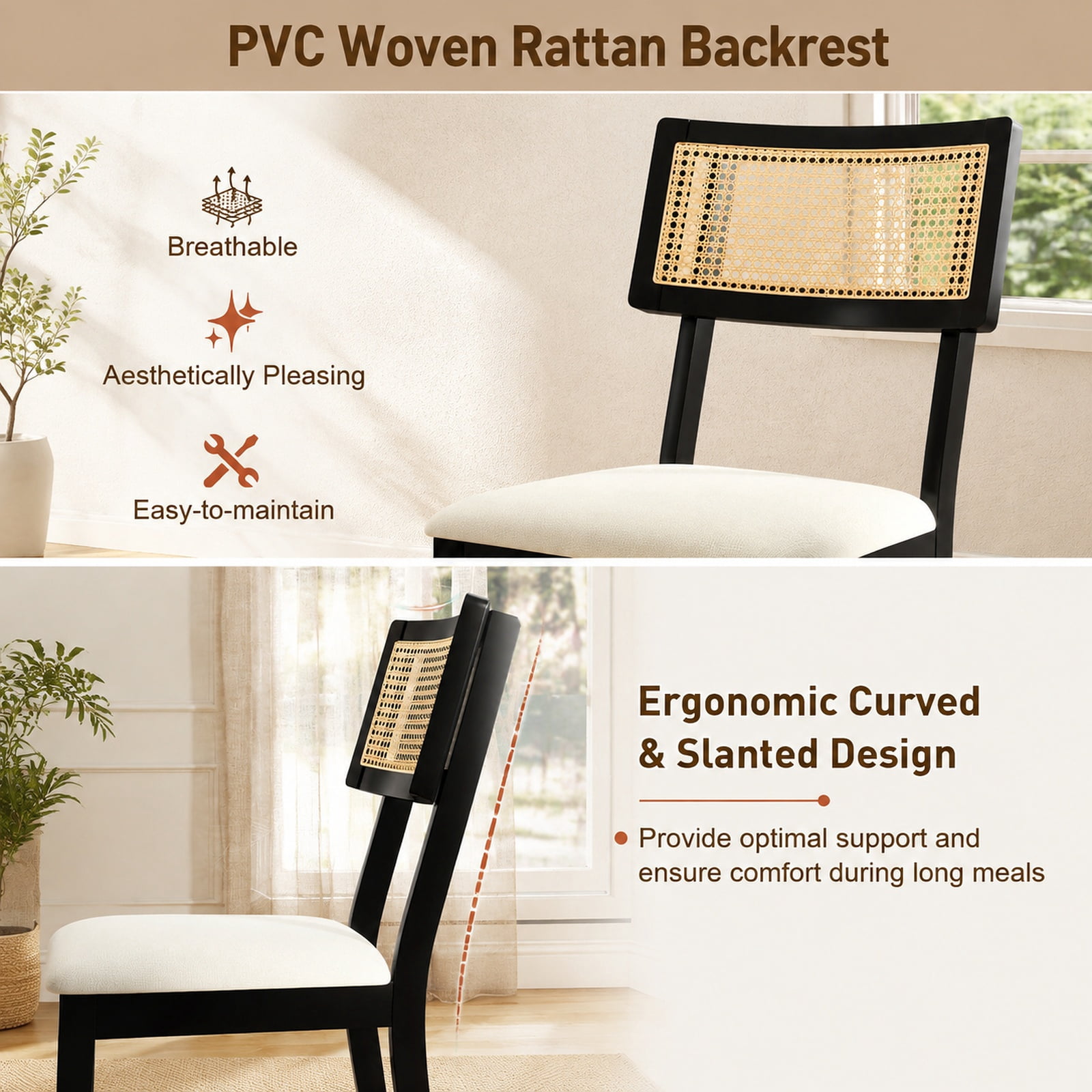 Furnibear Rattan Dining Chairs Set of 2 Fabric Upholstered Kitchen Chairs with Padded Seat and Rubber Wood Legs for Kitchen Dining Room Living, Black