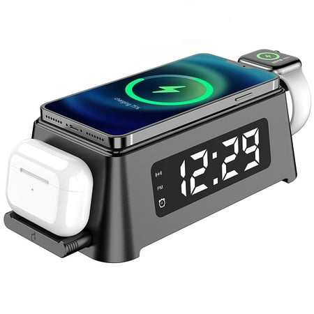 Wireless Charger Alarm Clock With LED Light and 15W Fast Charging Dock Station for Phone-Black