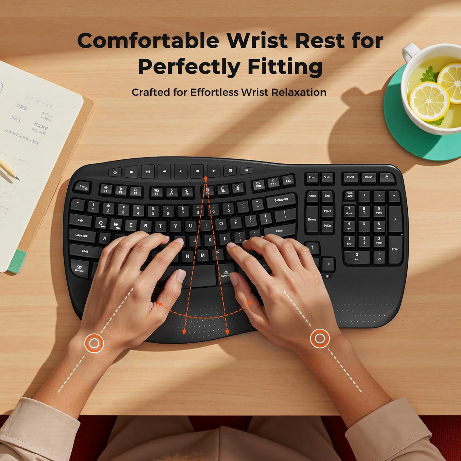 Meetion Wave Keys Ergonomic Keyboard, Wireless, Wrist Rest, 2.4G/USB-C for Windows/Mac - Black
