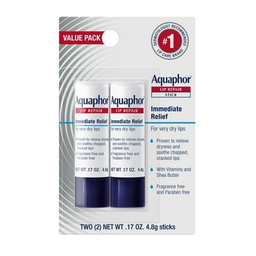 Aquaphor Lip Repair Stick with Shea Butter, Lip Protectant, Soothes Dry Chapped Lips, 0.17 oz Stick, Pack of 2