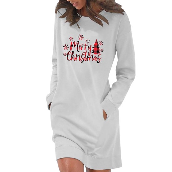 Women's Casual Pullover Sweatshirt Dress Christmas Printed Crewneck Long Sleeve Fall Mini Dresses with Pockets