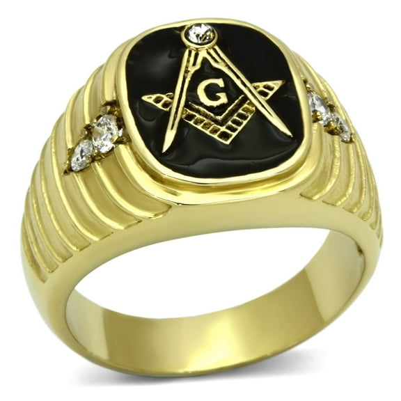 Luxe Jewelry Designs Men's Gold IP Stainless Steel Masonic Style Ring with Clear Crystals - Size 10