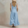 thumbnail image 4 of Women's Cotton‑Linen Spaghetti Strap Wide‑Leg Jumpsuit Sleeveless Square Neck Ruffle Hem One‑Piece Pants with Side Pockets Light Blue M(M), 4 of 6