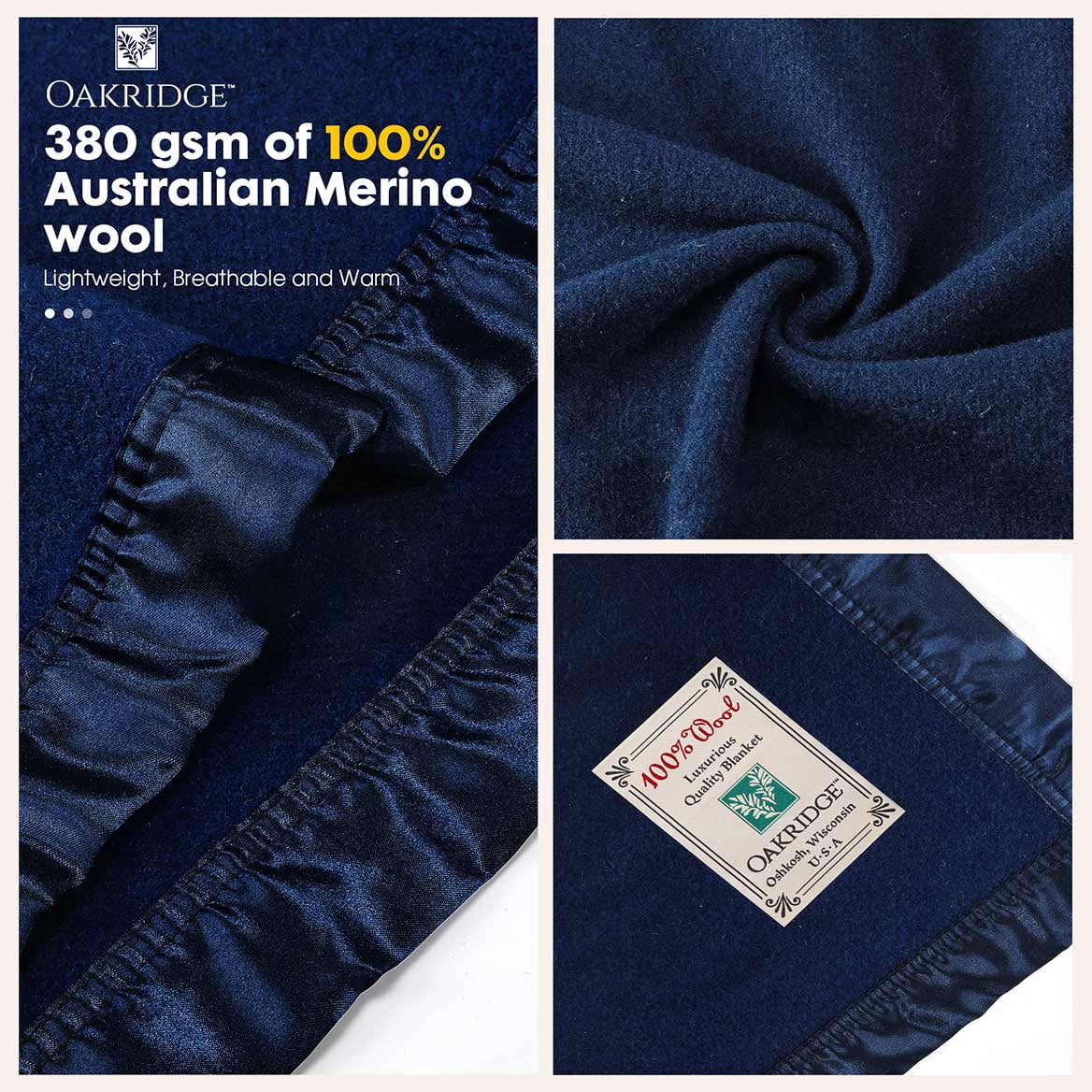 OakRidge Heirloom Merino Wool Blanket – 100% Australian Wool with Vintage Satin Edges – Breathable, Odor-Resistant, All-Season Bedding in Full/Queen Size – Navy Blue Cozy Throw for Home or Travel
