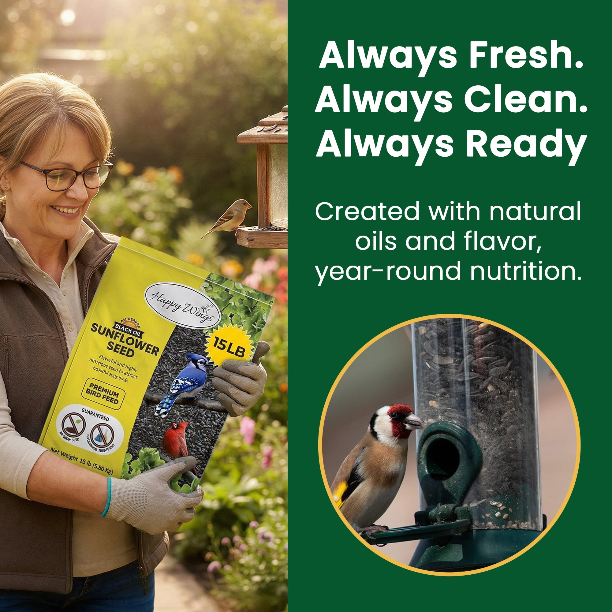 Happy Wings Black Oil Sunflower Bird Food, No Growth Seed, New 15 lb. Bag