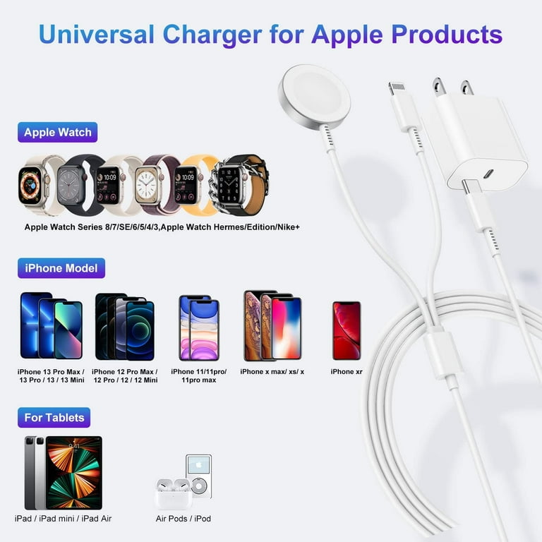 Upgraded USB C Charger for Apple Watch, 2 in 1 iPhone and iWatch Magnetic  Fast Charging Cable 6FT with USB-C Wall Charger, Compatible with Apple Watch  Series 8/7/6/SE/5/4, iPhone 14/13/12/11 