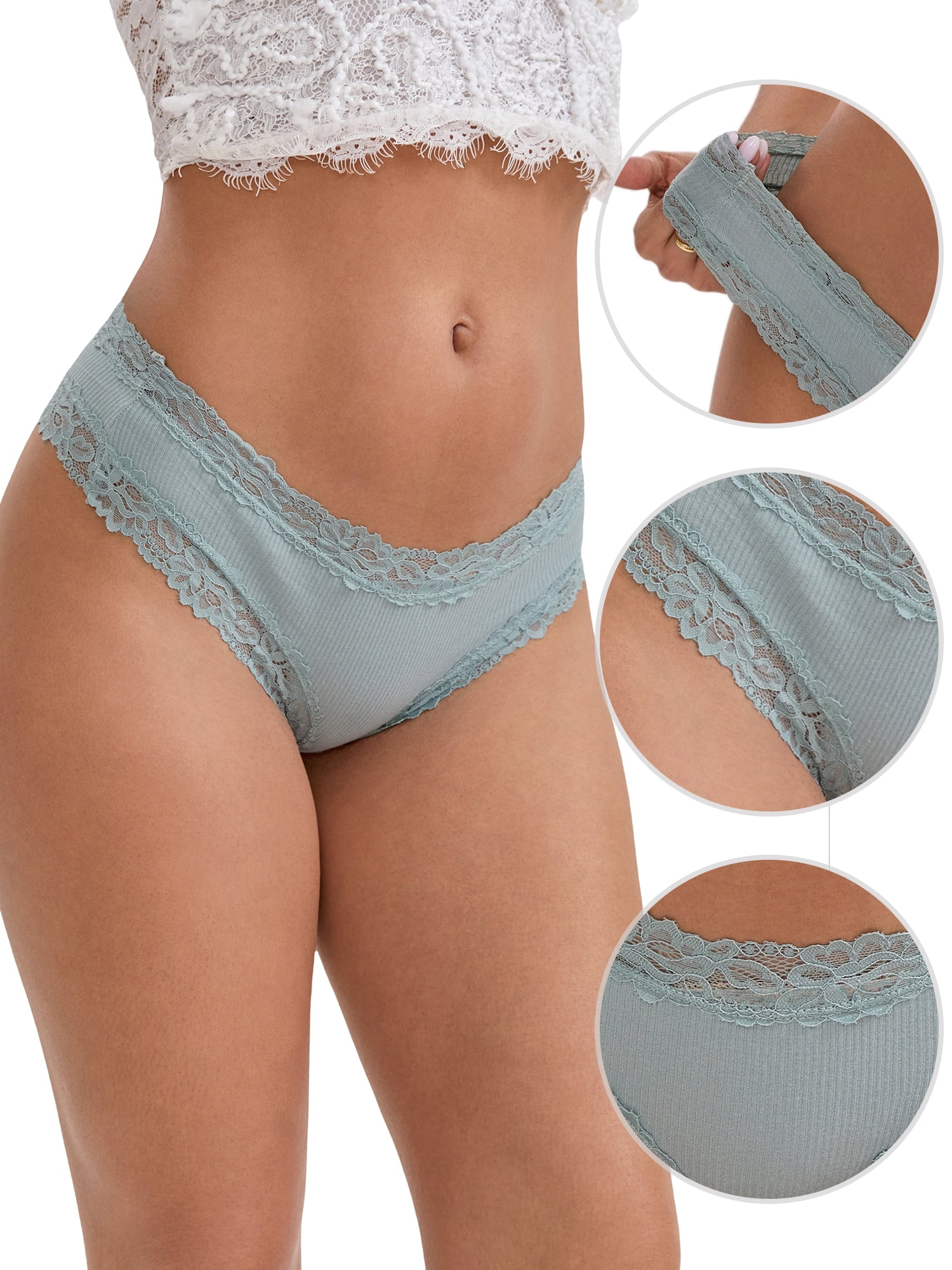 DARING DIVA Women's Lace Trim Cotton Ribbed Hipster Mid Waisted Panty XL Light Green