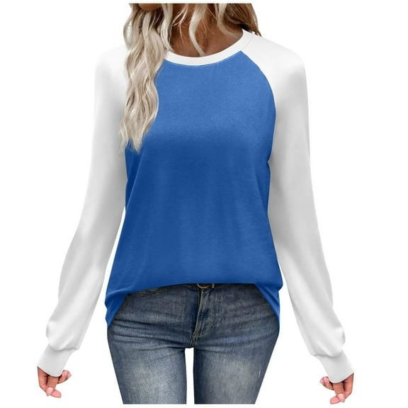 Women’s Long Sleeve Color Block Raglan T Shirt Casual Loose Fit Crew Neck Basic Top Fashion Fall Tee for Everyday Wear,Blue,S
