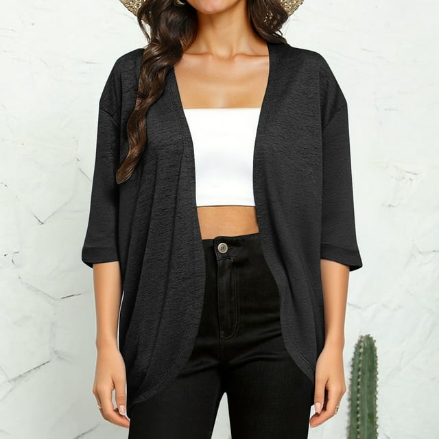 Sevevn Cardigans pour Femmes Cardigan Décontracté Uni Manches 3/4 Ample Hauts de Printemps pour Femmes Noir m
