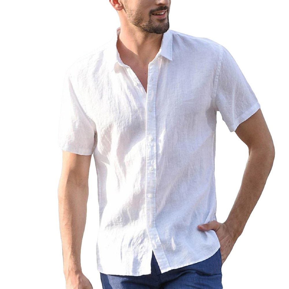 Meihuida - Mens Linen Short Sleeve Summer Solid Shirts Casual Loose ...