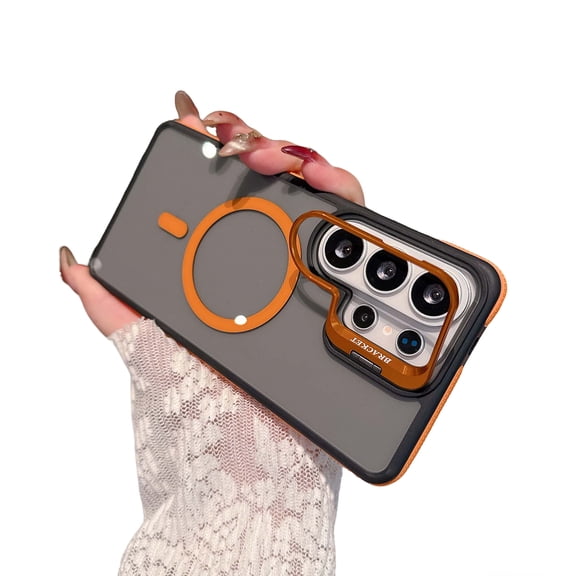 Allytechgroup Magnetic Case for Samsung Galaxy S25 Ultra 6.9" 2025, Camera Lens Kickstand Transparent Back Cover for Women Men, Orange