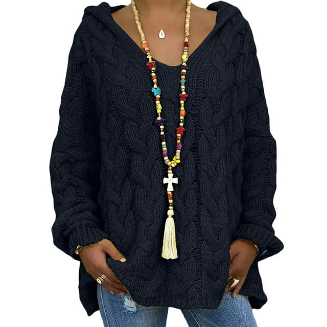 Fashnice Ladies Pullover Long Sleeve Jumper Tops Solid Color Sweater Loose Chic Knitted Sweaters Black S