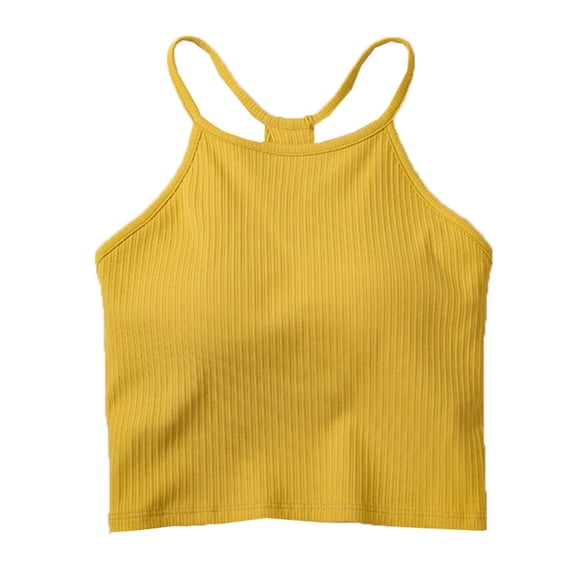 MOJOGO Tank Tops for Women Cross Back Ribbed Crop Top Sliming Breathable Activewear Tops with Built-in Bra Yellow L
