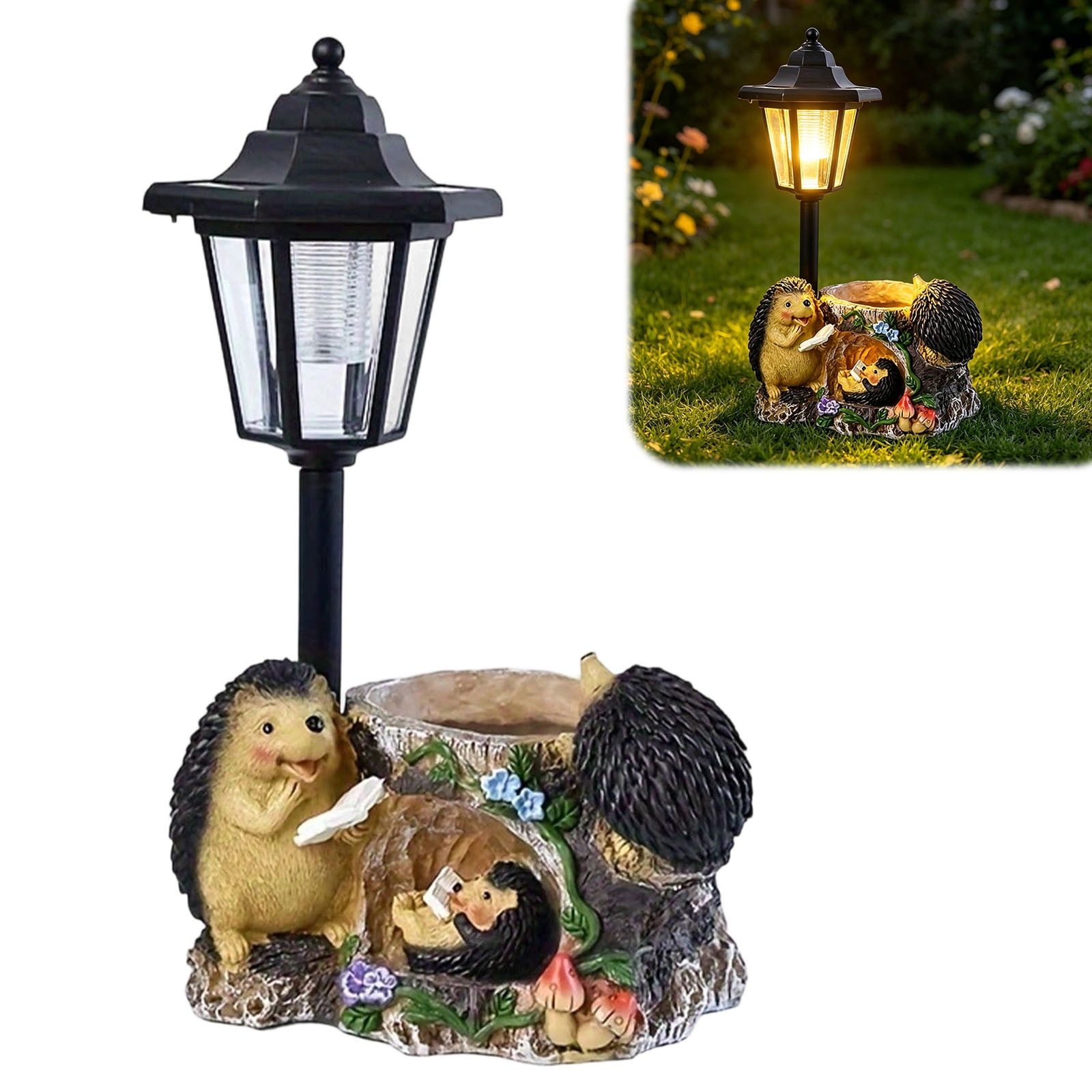 Hedgehog Resin Garden Statue, Solar Night Light Sculpture, Creative Flower Pot Decor, Waterproof Outdoor Ornament for Balcony Courtyard Villa Garden