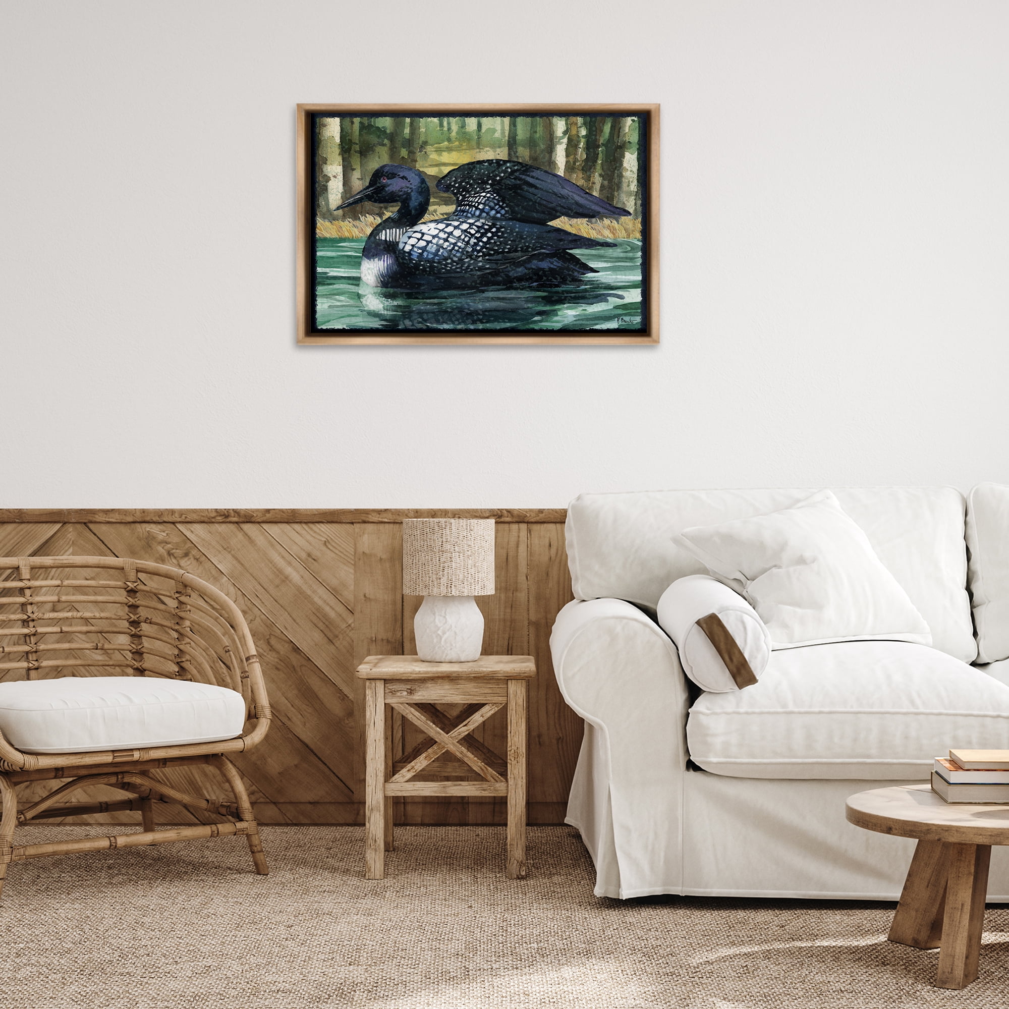Stupell Industries Swimming Woodland Loon Animals Painting Brown Floater Framed Canvas Art Print Wall Art, 31 x 21