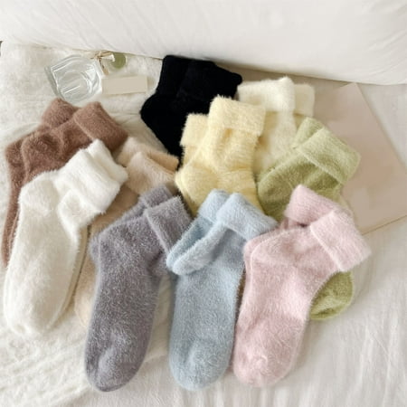 

Tnobhg 1 Pair Women Winter Socks Thick Plush Warm Solid Color Elastic Anti-slip Cozy Absorb Sweat Anti-shrink Soft Mid-tube No Odor Lady Floor Socks