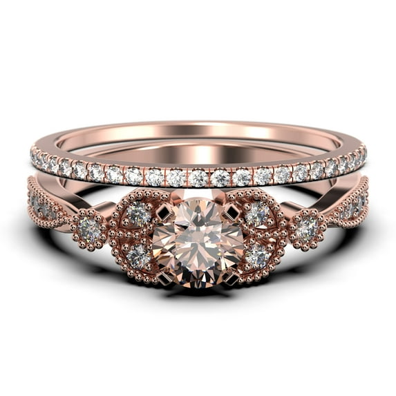 Bridal Set 2.00 Carat Round Cut Morganite And Diamond Moissanite Engagement Ring, Matching Wedding Band in 925 Sterling Silver With 18k Rose Gold Plating, Leaf Ring, Promise Ring, Anniversary Gift