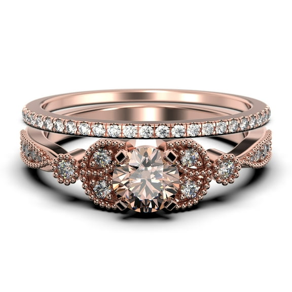 Bridal Set 2.00 Carat Round Cut Morganite And Diamond Moissanite Engagement Ring, Matching Wedding Band in 925 Sterling Silver With 18k Rose Gold Plating, Leaf Ring, Promise Ring, Anniversary Gift