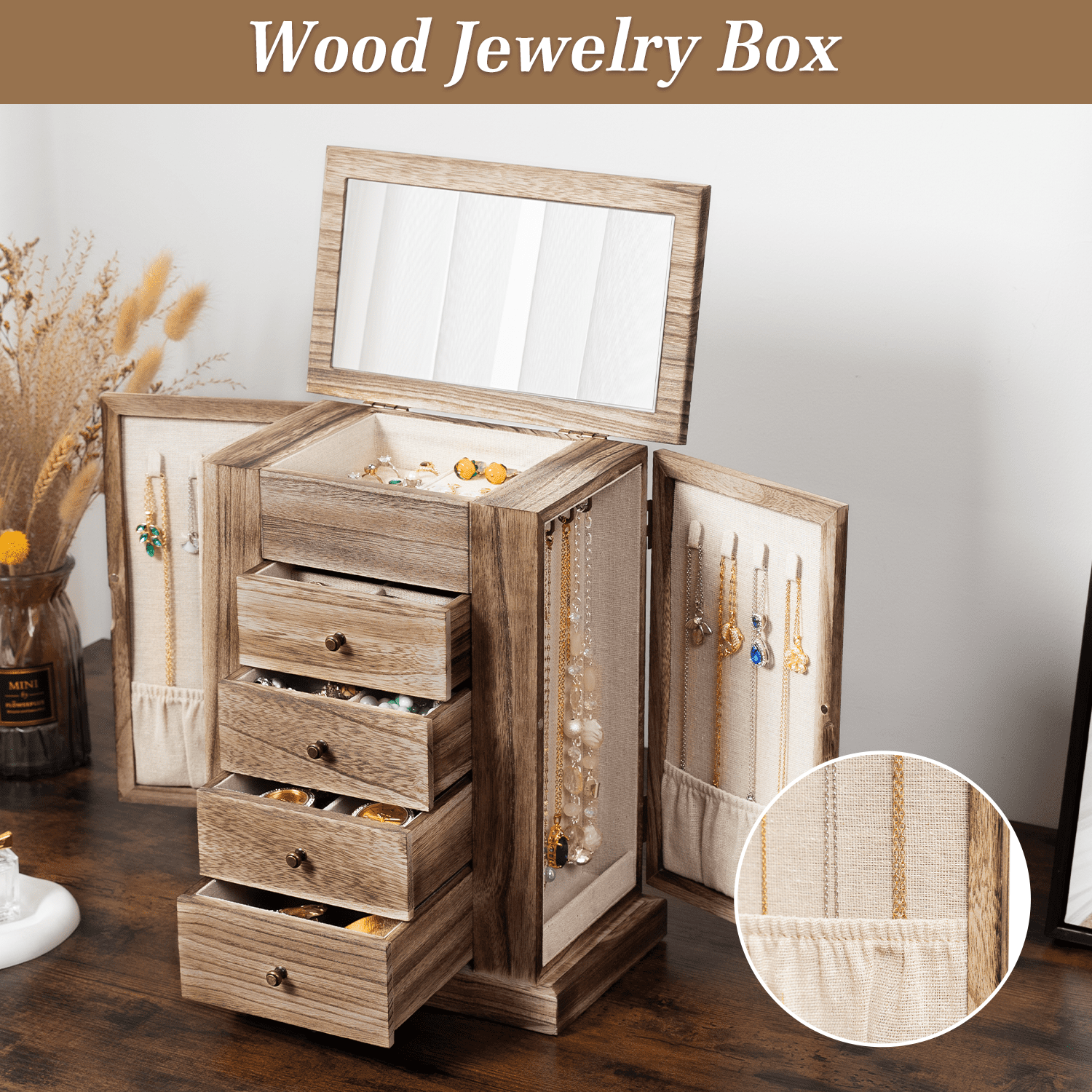 Jewelry Box for Women, 5 Layer Large Wood Boxes & Organizers for Necklaces Earrings Rings Bracelets, Rustic Organizer with Drawers and Mirror