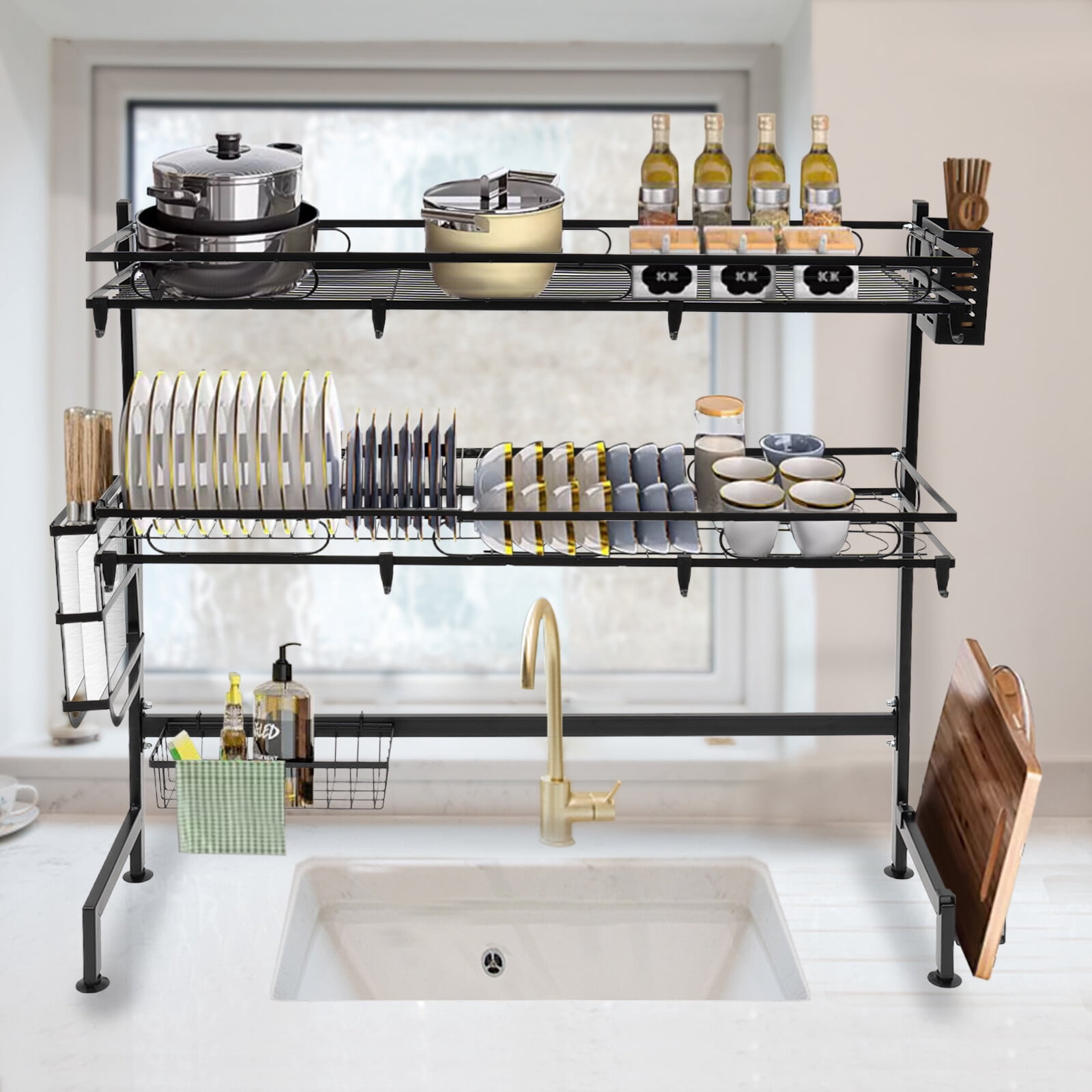2 Tiers Over Sink Dish Drying Rack Cutlery Drainer Kitchen Shelf Cup Organizer Black for Home Kitchens