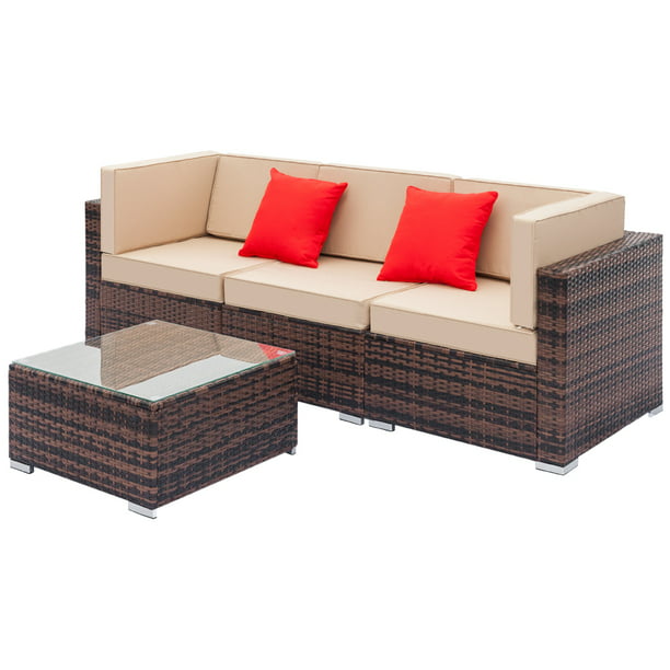 4 Piece Outdoor Furniture Wicker Patio Garden Dining Sets Rattan Sofa With Beige Seat Cushions Tempered Glass Coffee Table For Porch Poolside Backyard S1024 Com - Wicker Patio Set Cushions