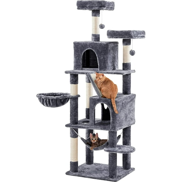 Cat Tree, 71.5in Cat Tower for Indoor Cats, Cat Tree with 2 Cozy Condos, 2 Padded Perches, Scratching Posts & Ramp, Hammock, Cat House Cat Activity Center, Dark Gray