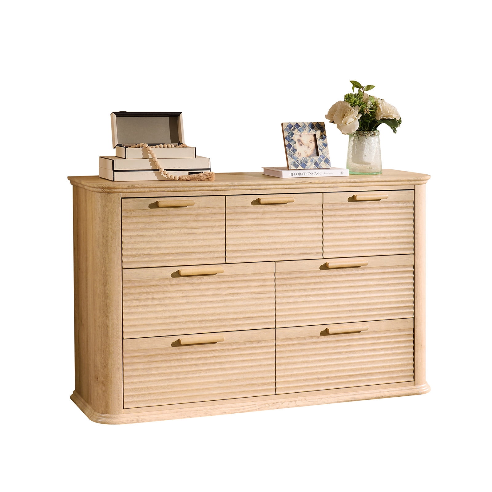 Hommoo Modern Wood Fluted 7 Drawer Dresser, 52" Wide Dresser Chest of Drawers with Curved Profile Design, Multifuctional Storage Organizer for Home, Oak