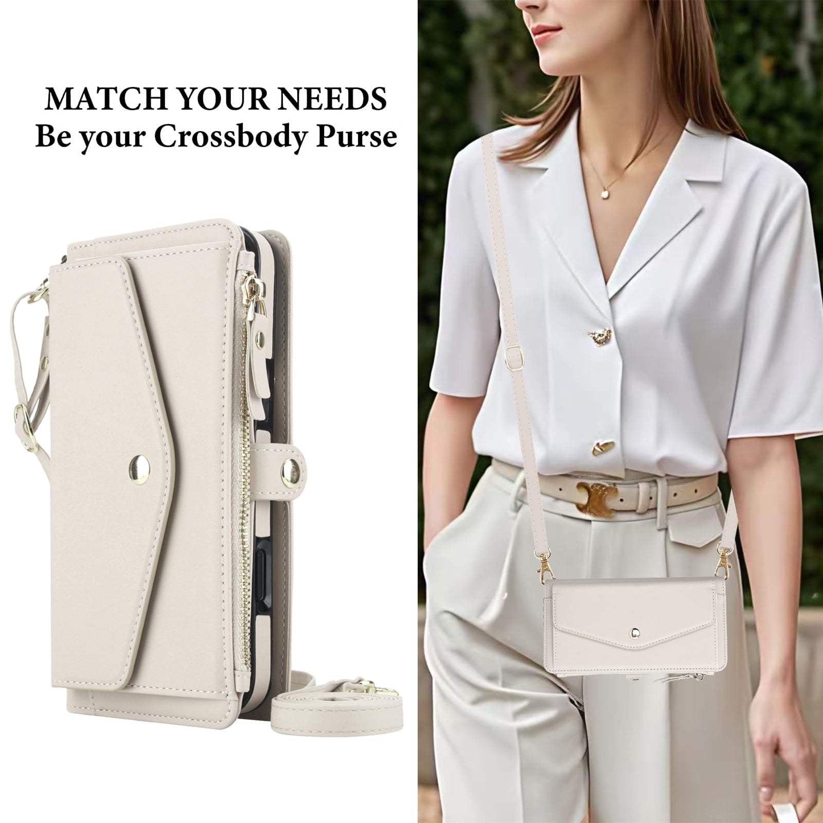 Dteck Crossbody Wallet for iPhone 15 Pro with Detachable Magnetic Phone Case, Compatible with MagSafe, RFID Blocking PU Leather Flip Cover Wrist Strap Zipper Card Holder Slots,White