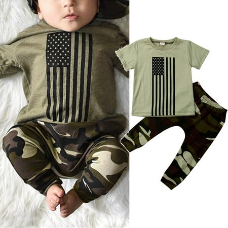 

IZhansean 2PCS Newborn Kids Baby Boy Summer Clothes USA Flag T-Shirt Camo Pants Outfits Green 12-18 Months