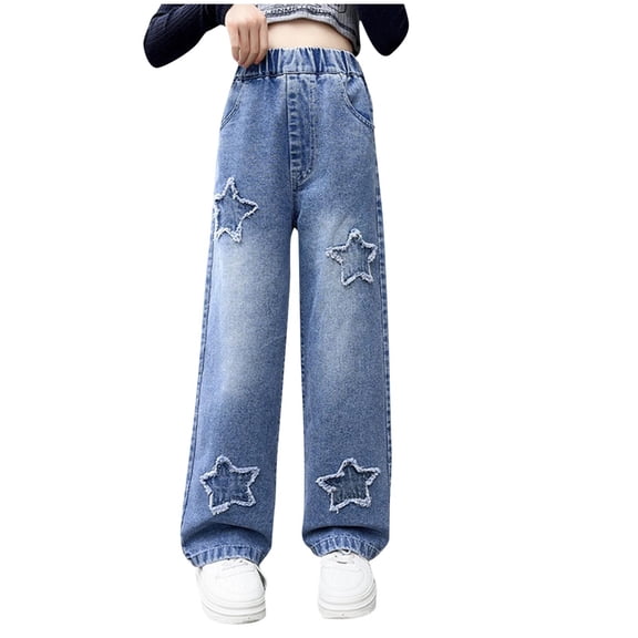 ZACPNCV Teen Youth Casual Wide Leg Jean Pants for Girls Put On Denim Pants Bow Embroidery Trouser Girl Clothing Blue 7-9 Years