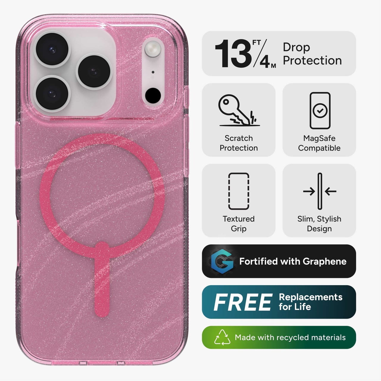 ZAGG Milan Snap Case For iPhone 17 Pro - Pink Glimmering Wave Graphene Strengthened Phone Case with Drop Protection (13ft/4m) Textured Edges & Sparkle Design MagSafe Charging Compatible