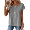 thumbnail image 4 of Htigea Women's Short Sleeve T Shirt Cotton Linen Buttons V Neck Tee Loose Casual Flowy Pleated Tunic Blouse Gray M, 4 of 7