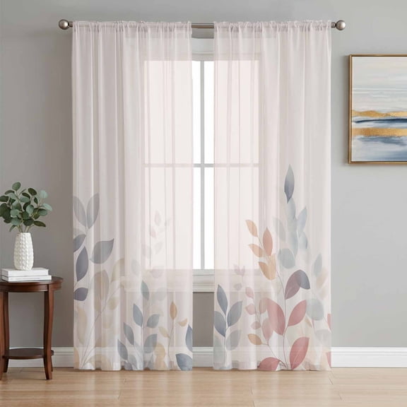 Spring Floral Semi Sheer Curtains 108 Inch Length 2 Panels Set, Colorful Watercolor Botanical Sheer Kitchen Curtain Privacy Voile Window Curtain for Living Room Bedroom Rod Pocket Drapes
