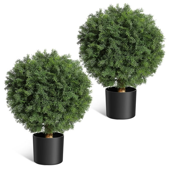 24inch Artificial Cedar Topiary Ball Trees with Potted, Fake Cedar Plants Artificial Shrubs Bushes Ball Tree for Front Door Porch Garden Backyard Decor (2 Pack)