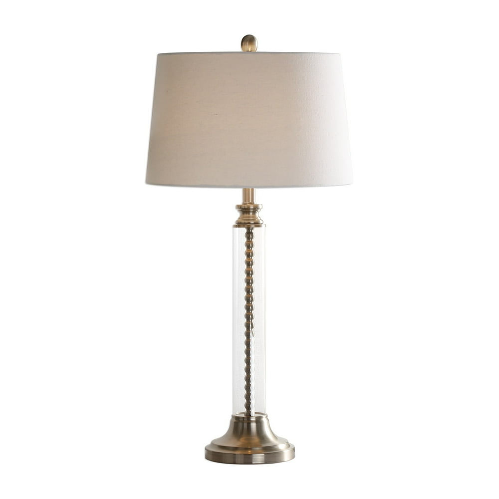 Tapered Shade Table Lamp with Beaded Details, Brown and White Walmart