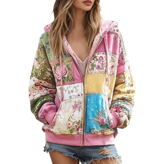 VNKIDY Women's Coat Autumn Winter Floral Patchwork Hooded Jacket Long Sleeve Zipper Fashionable Coat For Casual Daily Streetwear Activities Soft Outerwear