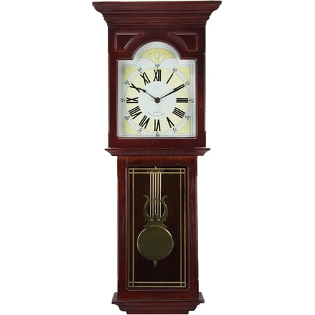 23 Inch Traditional Wall Clock with Swinging Pendulum, Redwood Oak Finish, Volume Control and Roman