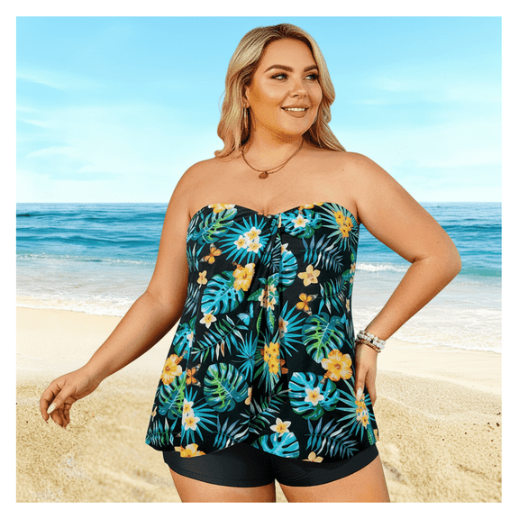 Women's Plus Size Strapless Floral Leaf Print Tankini Swimsuit - Two Piece Bathing Suit with Removable Straps, Tummy Control Summer Swimwear