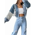thumbnail image 2 of Women'S Color Block Open Front Long Sleeve Ribbed Knit Cropped Cardigan Sweaters Sky Blue XL, 2 of 9