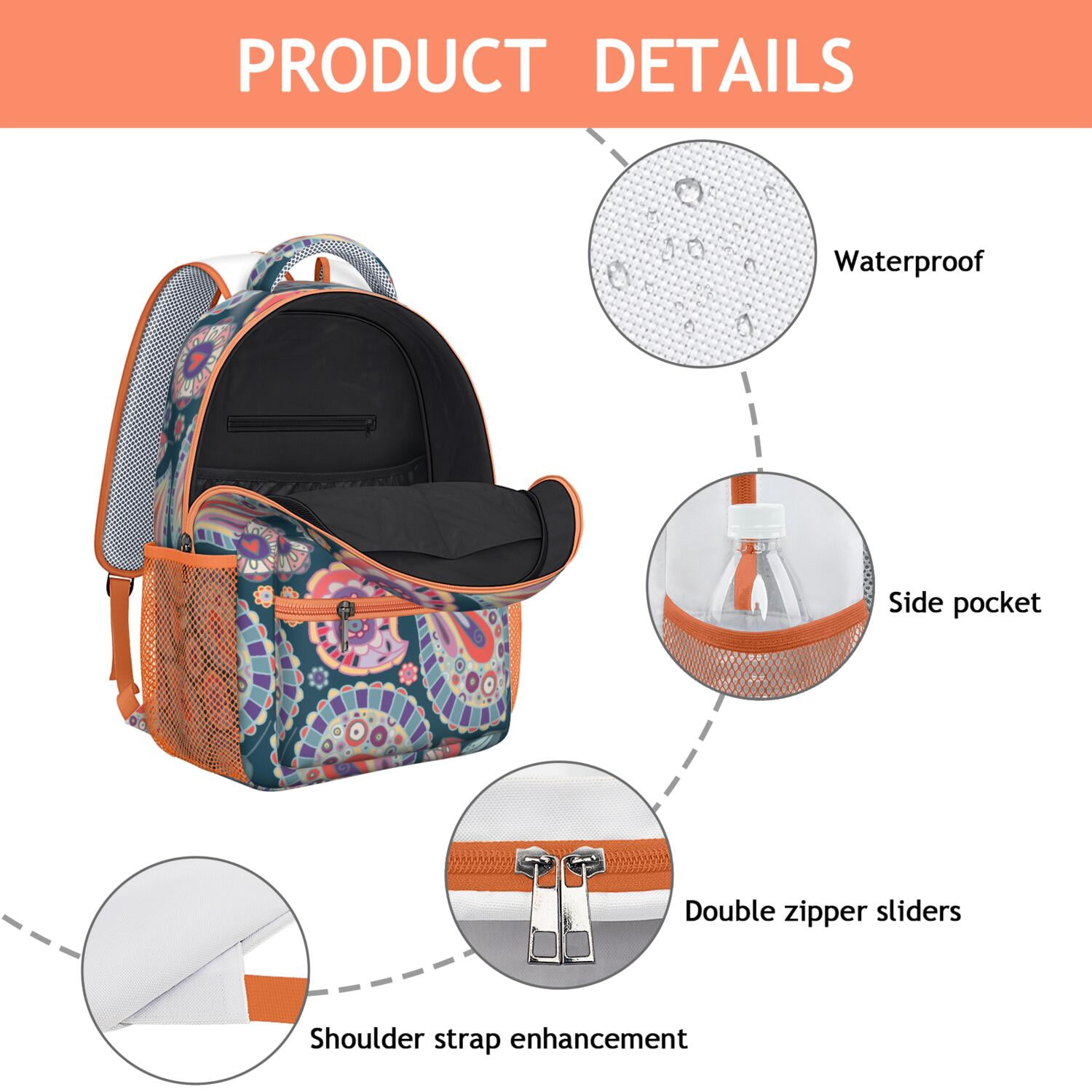 Aesthetic Paisley Design Waterproof Backpack - Colorful Ethnic Print & Breathable Straps for Teens