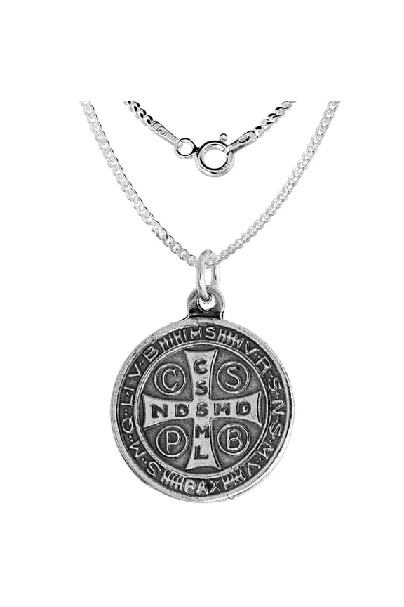Sterling Silver St Benedict Medal Necklace  16 inch 1.8mm Chain