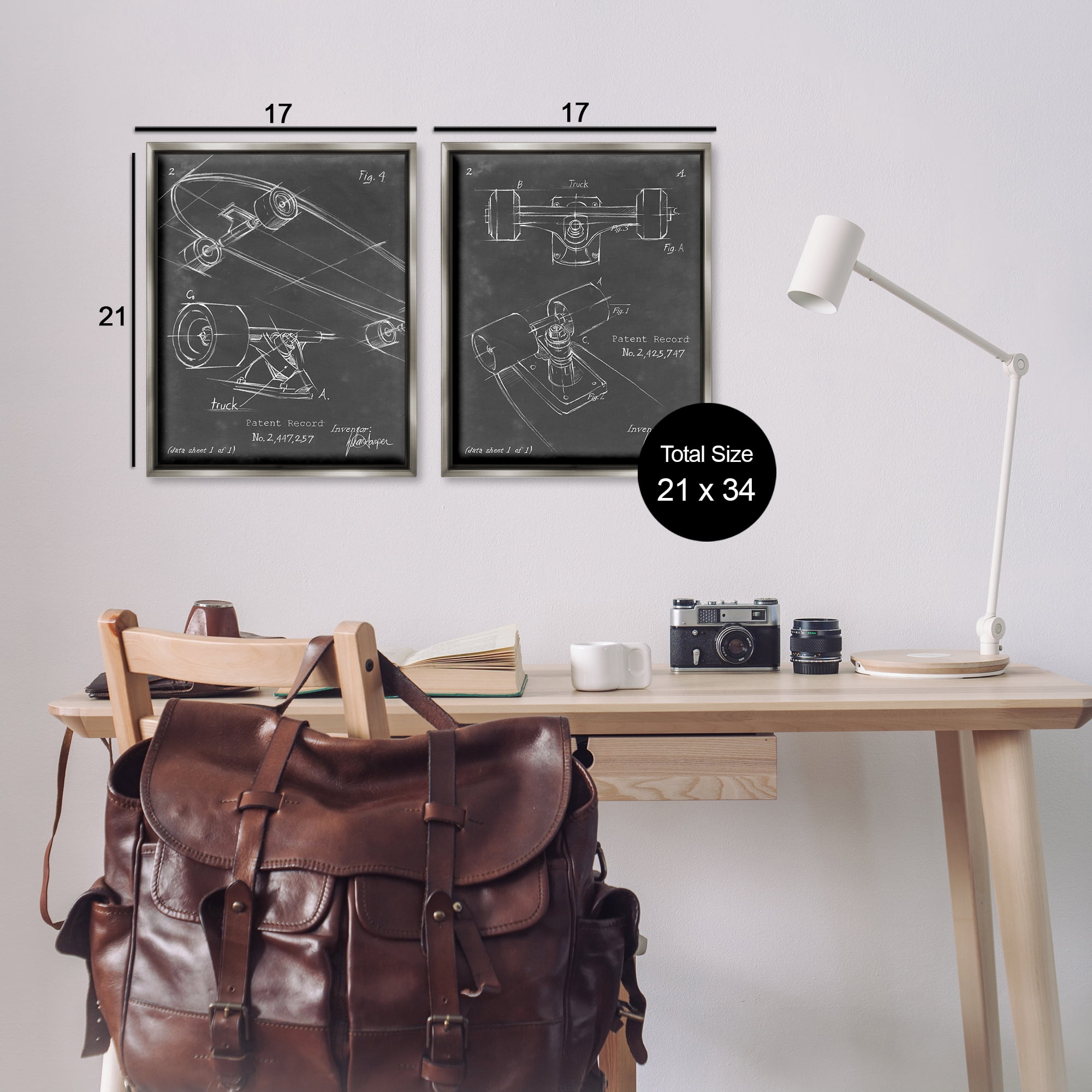 Stupell Industries Patent Diagram of Skateboard Sports Painting Gray Floater Framed Canvas Art Print Wall Art, 17 x 21, Set of 2