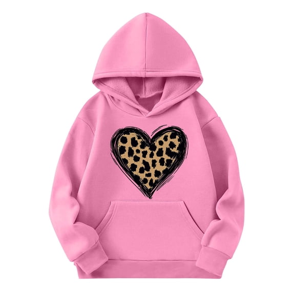 Girls Oversized Hoodies Y2k Cheetah Heart Graphic Long Sleeve Hooded Sweatshirts Teen Preppy Kangaroo Pocket Pullover Tops 3-14Years