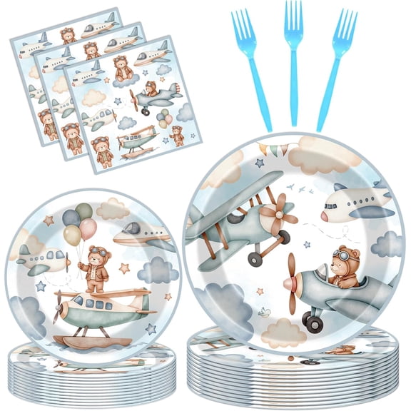 Airplane Baby Shower Decorations - 96 Pcs Blue Bear Plane Gender Reveal Party Supplies, Disposable Paper Plates Napkins Forks Tableware Set, Airplane Theme Birthday Party Decor for Kids Boys