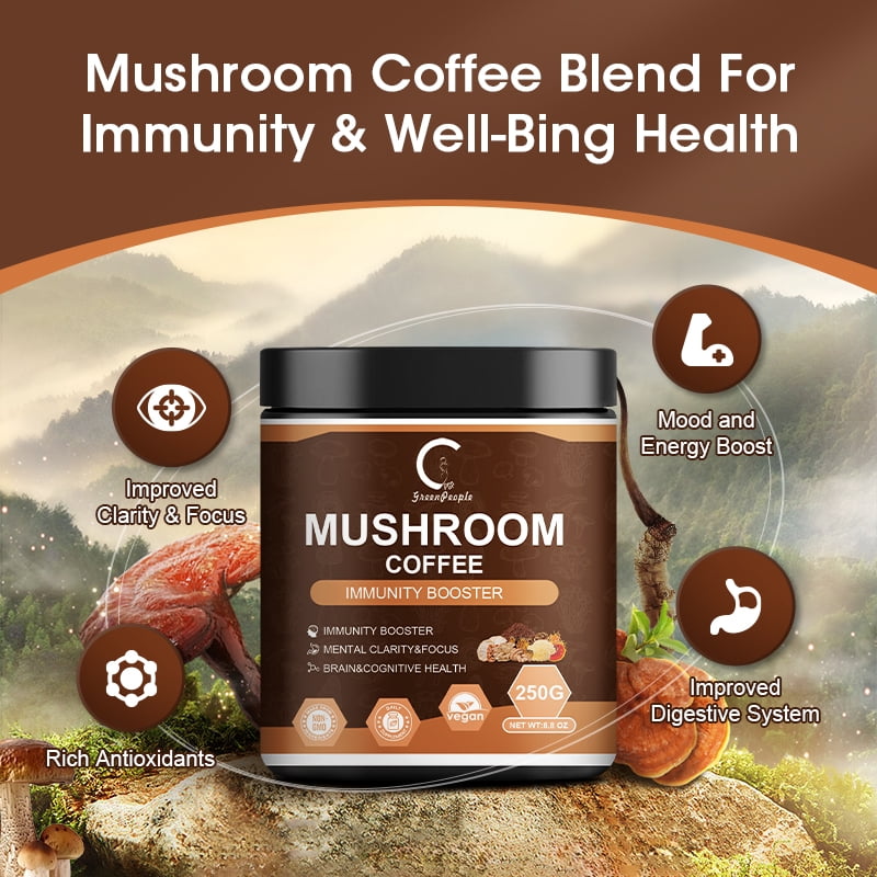 Mushroom Coffee Powder,Organic Instant Coffee Mushroom Supplement Powder, Mushroom Coffee Blend Complex for Focus & Memory,Brain, 8.8Oz(250g)
